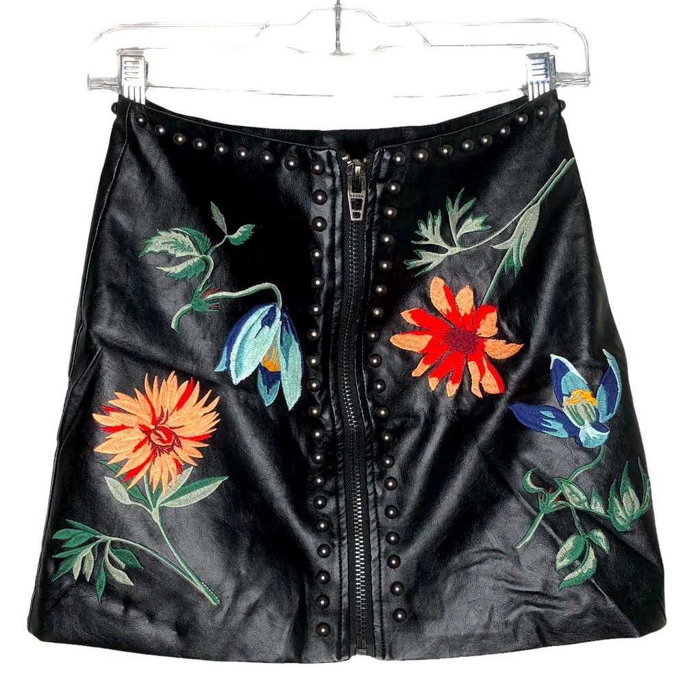 DANCE & MARVEL Floral Embroidery Studded Black Leather Zip Front Mini Skirt